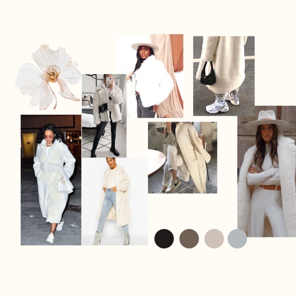 white fur coat mood board and look book